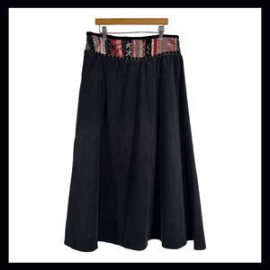 Vintage Black Corduroy Midi Skirt Velvet Embroidered Waist 90s Y2K Boho Size 4